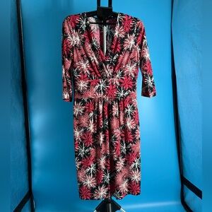 Talbots Midi Dress Red, Black & White Stretchy Women Size 12 Abstract 3/4Sleeve